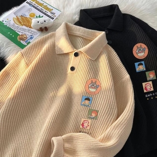 清仓捡漏黑色卡通Polo翻领毛衣男款 秋冬季 潮牌加厚外套休闲针织衫