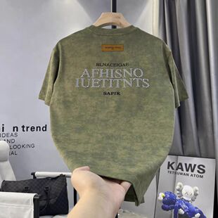 夏季薄款短袖t桖男复古雪花色做旧休闲潮牌圆领大码宽松半袖体恤