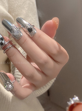 棋盘格指甲戒指高级感轻奢气质夸张个性时尚2022年新款潮手饰品女