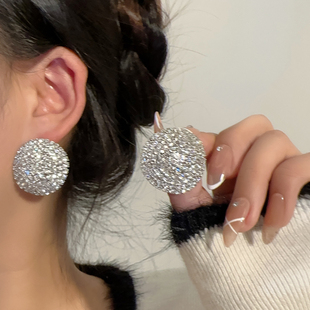 满钻气质几何圆形耳钉高级感轻奢气质夸张欧美名媛聚会耳环女耳饰