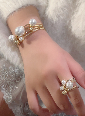 ins网红潮小众设计夸张多层金属珍珠开口戒指手镯时尚 复古气质女