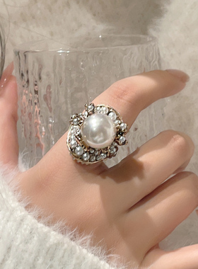 极繁主义 法式复古珍珠花朵戒指气质夸张食指戒优雅指环配饰女