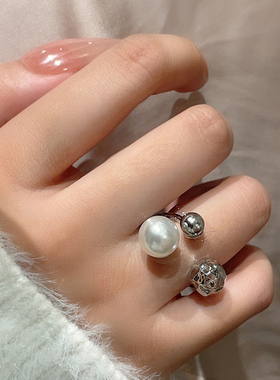 ins冷淡高级感金属球球珍珠戒指 2023年新款潮小众设计开口食指环