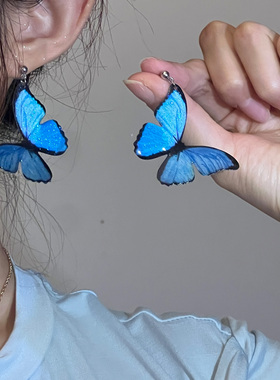 梦幻蓝色蝴蝶耳环氛围感甜美少女小众设计感耳饰女夏季时尚耳钉