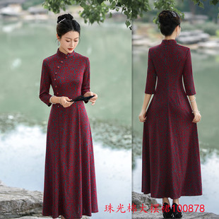 艾旗绣珠光棉长款旗袍大摆裙2023冬季新款时尚改良新中式中袖旗袍