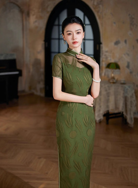 2025春夏新款绿色旗袍改良式连衣裙古凌纱烧花工艺新中式国风显瘦