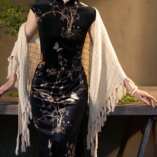 安可拉红羊毛流苏披肩杏色针织条纹披肩保暖百搭配旗袍高级感新款