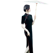 纯色丝绒长款 改良中老年女士旗袍 时尚 侧八扣旗袍2023春秋新款 夏装