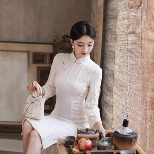 苏州新中式改良旗袍女秋冬季白色小个子冬天订婚礼服日常可穿2025