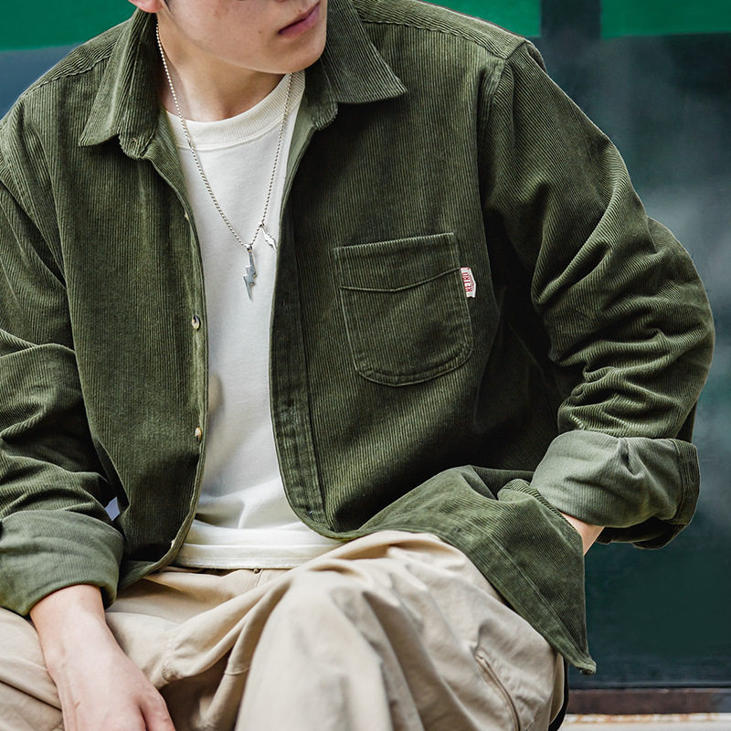 马登工装美式休闲重磅灯芯绒长袖衬衫叠穿内搭外套条绒寸衣男春秋