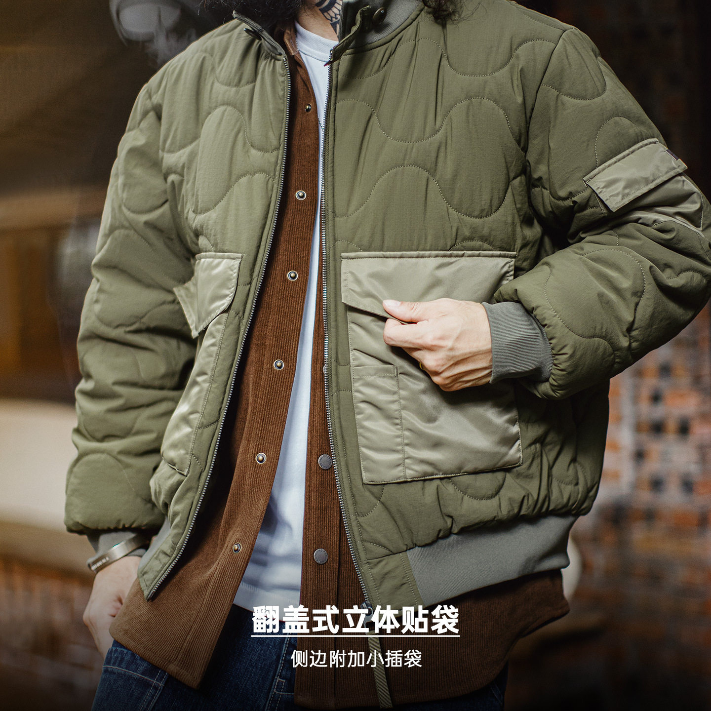 马登工装美式复古M51军绿色夹克大口袋短款立领保暖棉服外套男冬