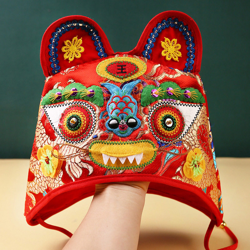 老虎头帽子新款宝宝传统中国风刺绣满月百天生日酒拍照抓周婴儿帽