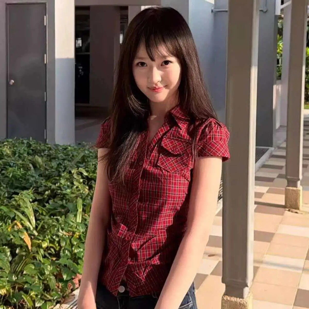 夏季新款格纹衬衣修身显瘦上衣