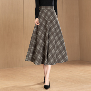 格子毛呢半身裙中长款妈妈裙舞裙气质垂感A字伞裙百褶裙秋冬裙子