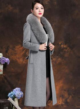 羊毛呢外套妈妈时尚保暖真狐狸毛领羊绒大衣秋冬装长款西装领上衣