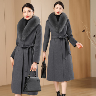 双面呢羊绒大衣冬装女灰色狐狸毛领羊毛呢外套厚高级妈妈收腰大码