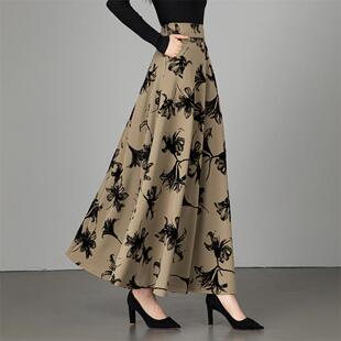 秋冬半身裙妈妈长裙时尚高端复古大摆A字裙广场舞裙子花色跳舞裙