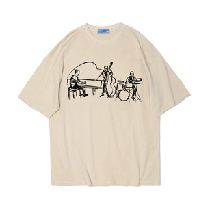 爵士乐三人组音乐节复古摇滚jazz music短袖bf男女情侣T恤纯棉tee