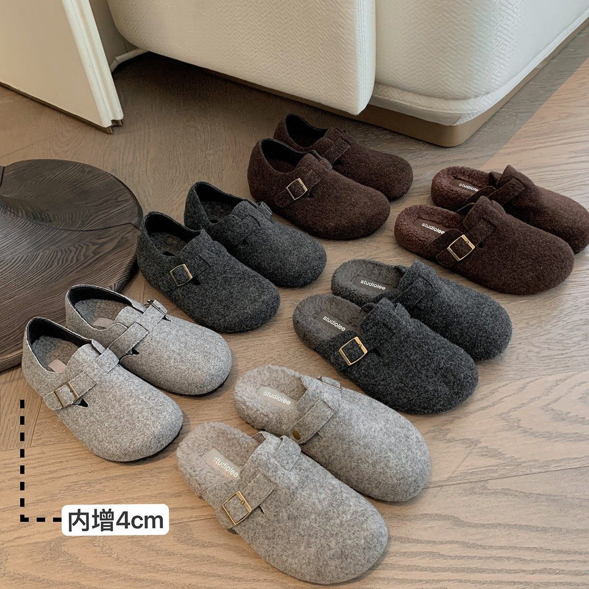 【梵芙娜】森系复古毛呢勃肯单鞋女2025秋冬新款一脚蹬厚底毛毛拖