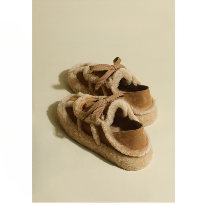 复古高级感棕色雪地棉鞋女2024秋冬新款羊羔毛毛鞋系带加绒豆豆