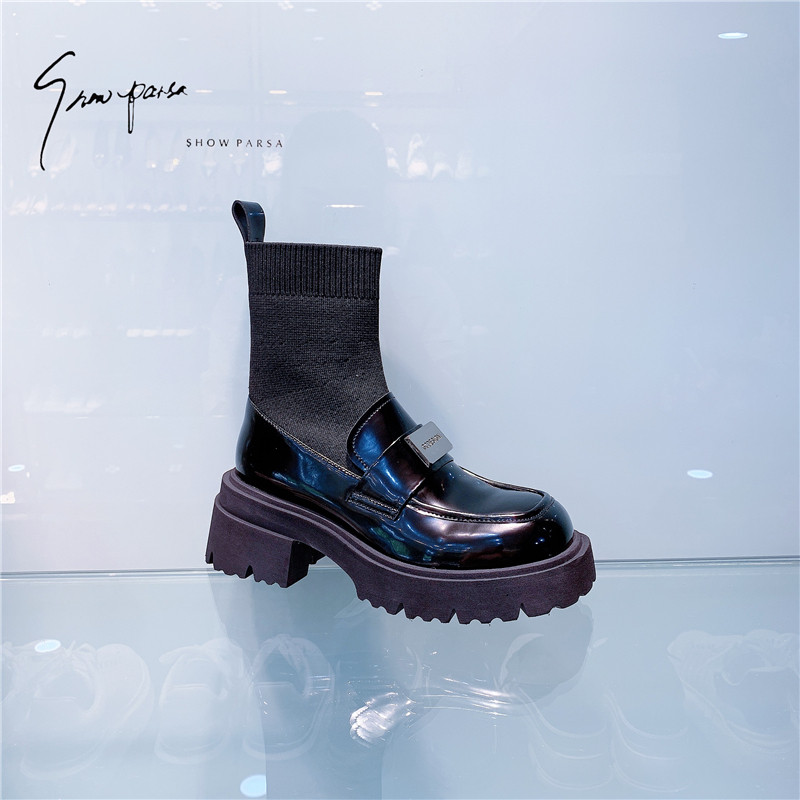 XUAN BAZAAR 2023 AUTUMN NEW EUROPEAN AND AMERICAN SQUARE TOE METAL BUCKLE SOCK BOOTS THICK-SOLED LOAFERS STRETCH TEMPERAMENT SINGLE BOOTS