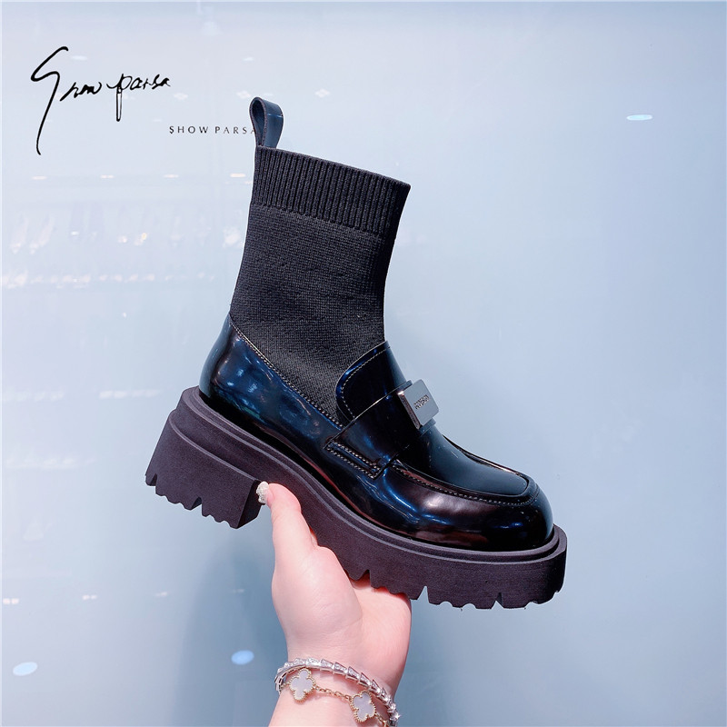 XUAN BAZAAR 2023 AUTUMN NEW EUROPEAN AND AMERICAN SQUARE TOE METAL BUCKLE SOCK BOOTS THICK-SOLED LOAFERS STRETCH TEMPERAMENT SINGLE BOOTS