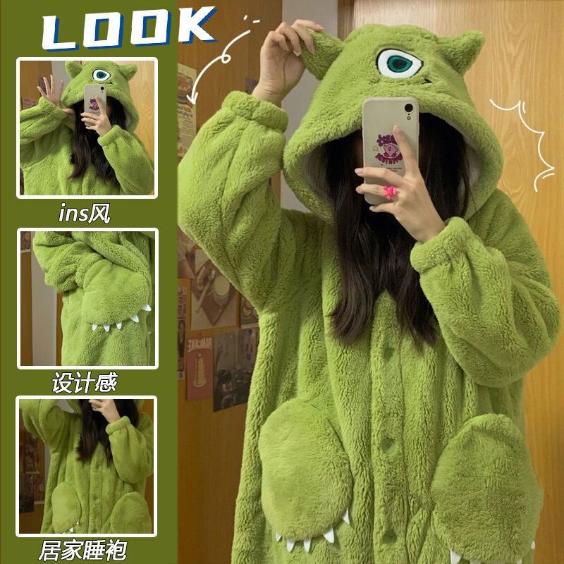 北极绒睡衣女珊瑚绒睡袍情侣家居服法兰绒中长款加厚睡衣