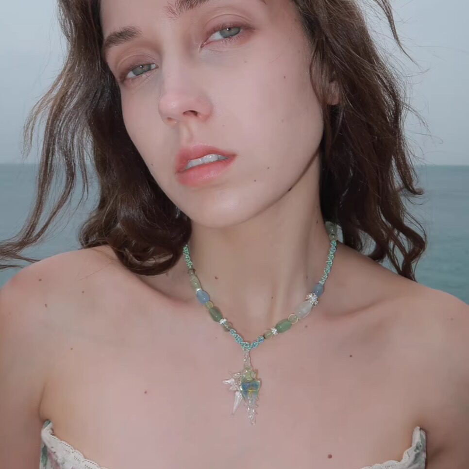 「原创&middot;手工编织」26春夏新款天然绿水晶琉璃海螺吊坠编绳项链女