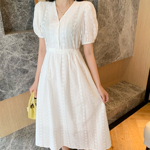 RM10731#韩版女装宽松温柔风套头白色V领长裙子中长款短袖连衣裙
