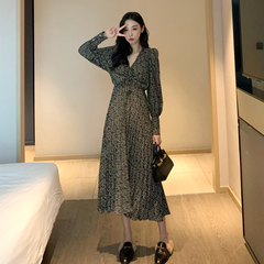 Real shot real price Korean women's soft V-neck floral skirt with drawstring lace up bubble sleeve pleated bottomed dress