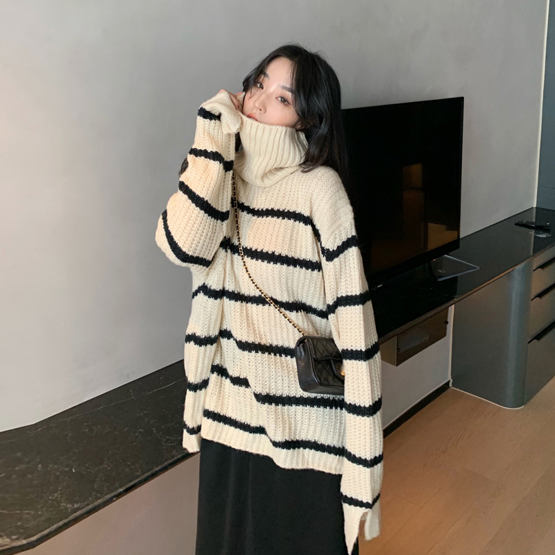 Real shot real price Korean women's wear versatile casual relaxed lazy style medium length striped high neck sweater