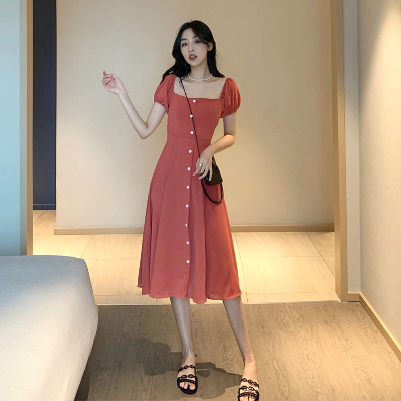 Real Price vintage pastoral dress square neck bubble sleeve one line collar over Knee Skirt sexy careful machine long skirt