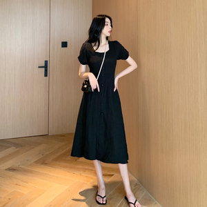 RM13143#韩版方领泡泡袖收腰显瘦仙女裙法式小众中长款连衣裙