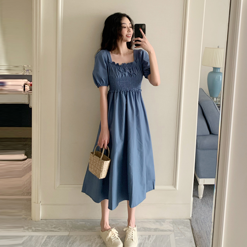 Real shot real price Korean women's French retro square neck bubble sleeve waist slim mid length blue dress