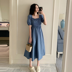 Real shot real price Korean women's French retro square neck bubble sleeve waist slim mid length blue dress