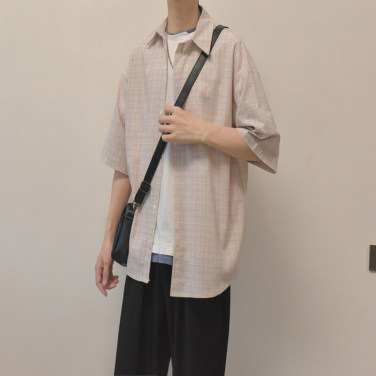文艺小清新格子衬衫男五分中袖衬衣D312-KD579-P45,男装衬衫,电商D312