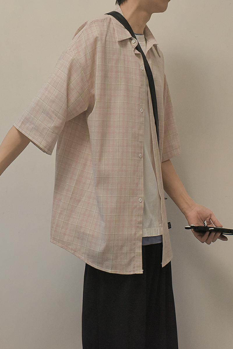 文艺小清新格子衬衫男五分中袖衬衣D312-KD579-P45,男装衬衫,电商D312