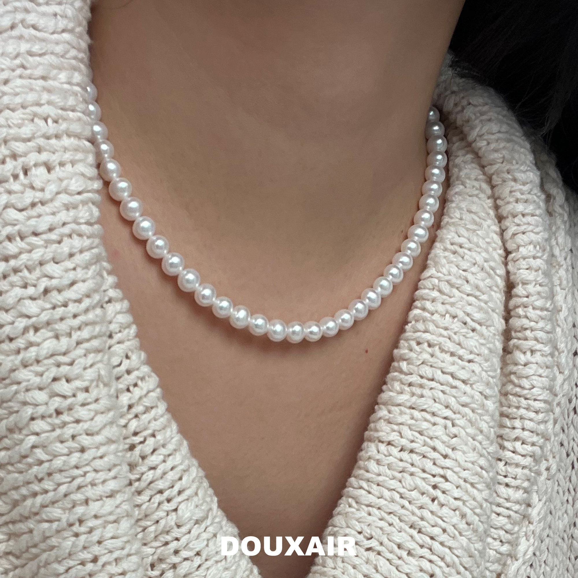 天然淡水珍珠项链近正圆镜面白亮极光6-6.5mm纯银元宝扣毛衣颈链