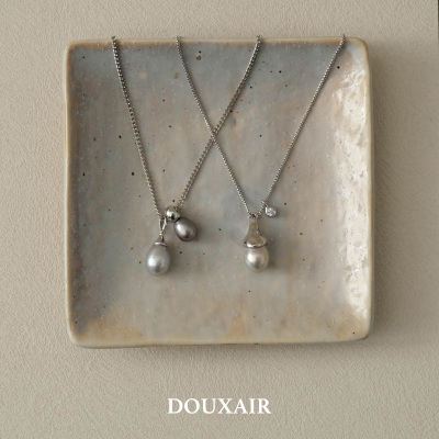 「银灰天然珍珠」吊坠通体纯银项链巴洛克水滴毛衣链女豆豆镶锆