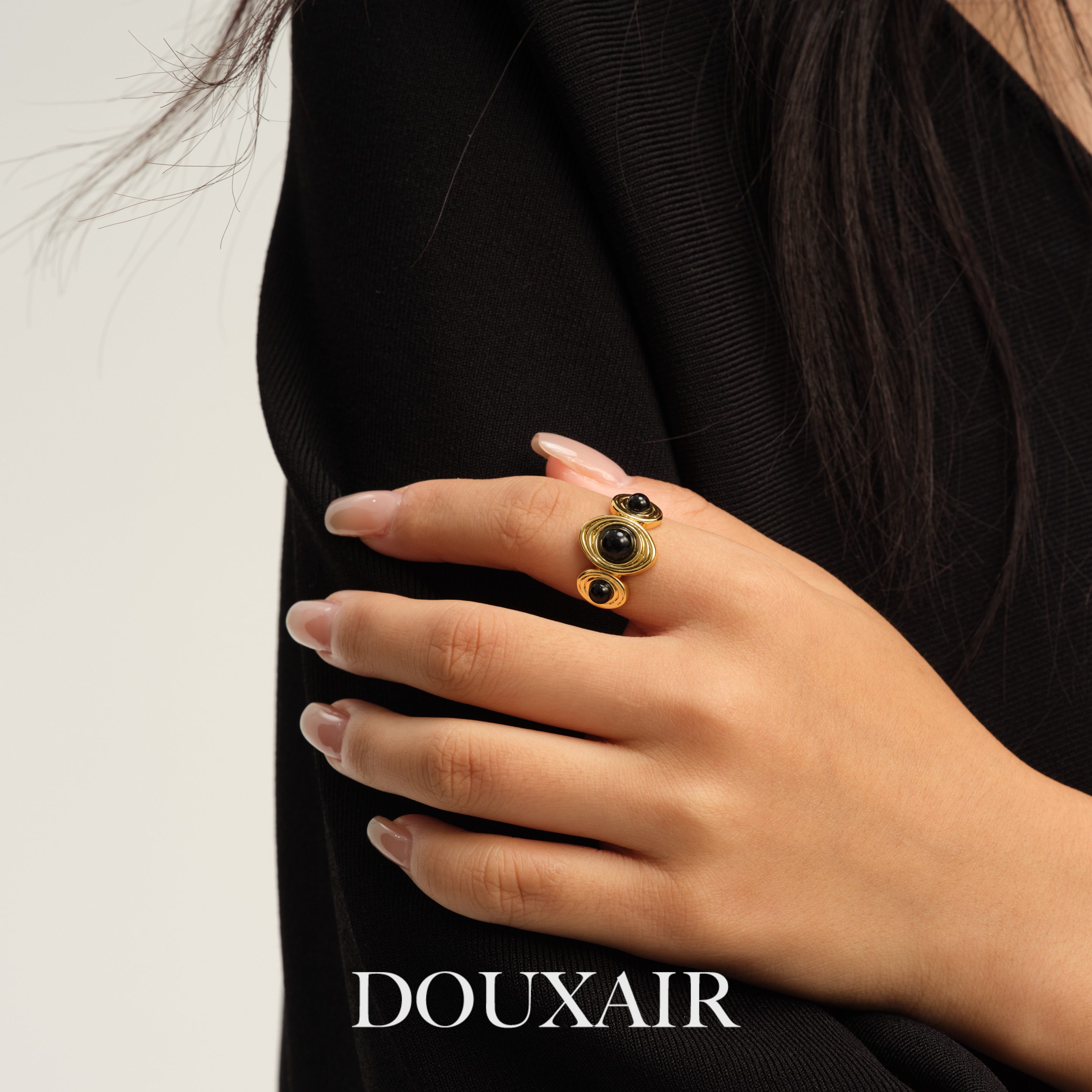 新风潮黑玛瑙金色戒指开口复古时尚指环高级感轻奢小众食指戒女