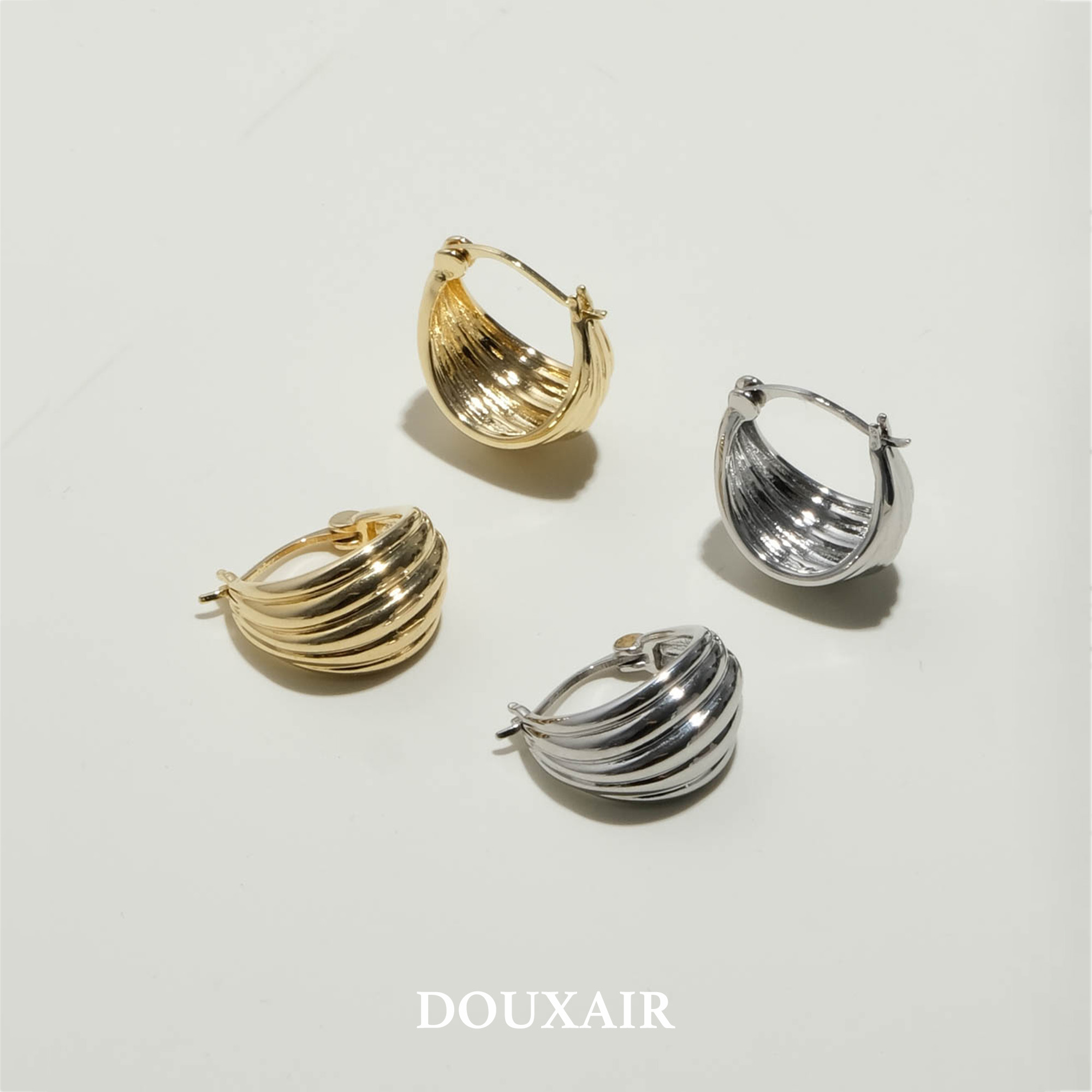 DOUXAIR竖琴纹金属耳圈多层线条几何耳钉vintage古董小众耳环女