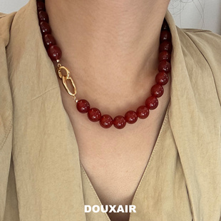 天然红玛瑙项链黑色玉石绿玉髓串珠锁骨链简约气质毛衣链时尚百搭
