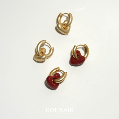 DOUXAIR金红色爱心耳环珐琅滴釉复古酒红金色桃心耳钉气质百搭