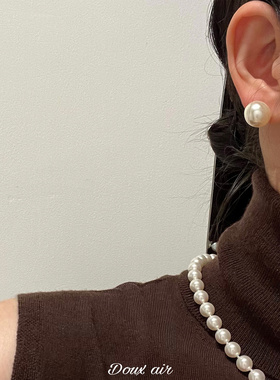 正圆珍珠纯银耳钉ins博主Fever同款施强光炫彩复古港风大灯泡耳夹