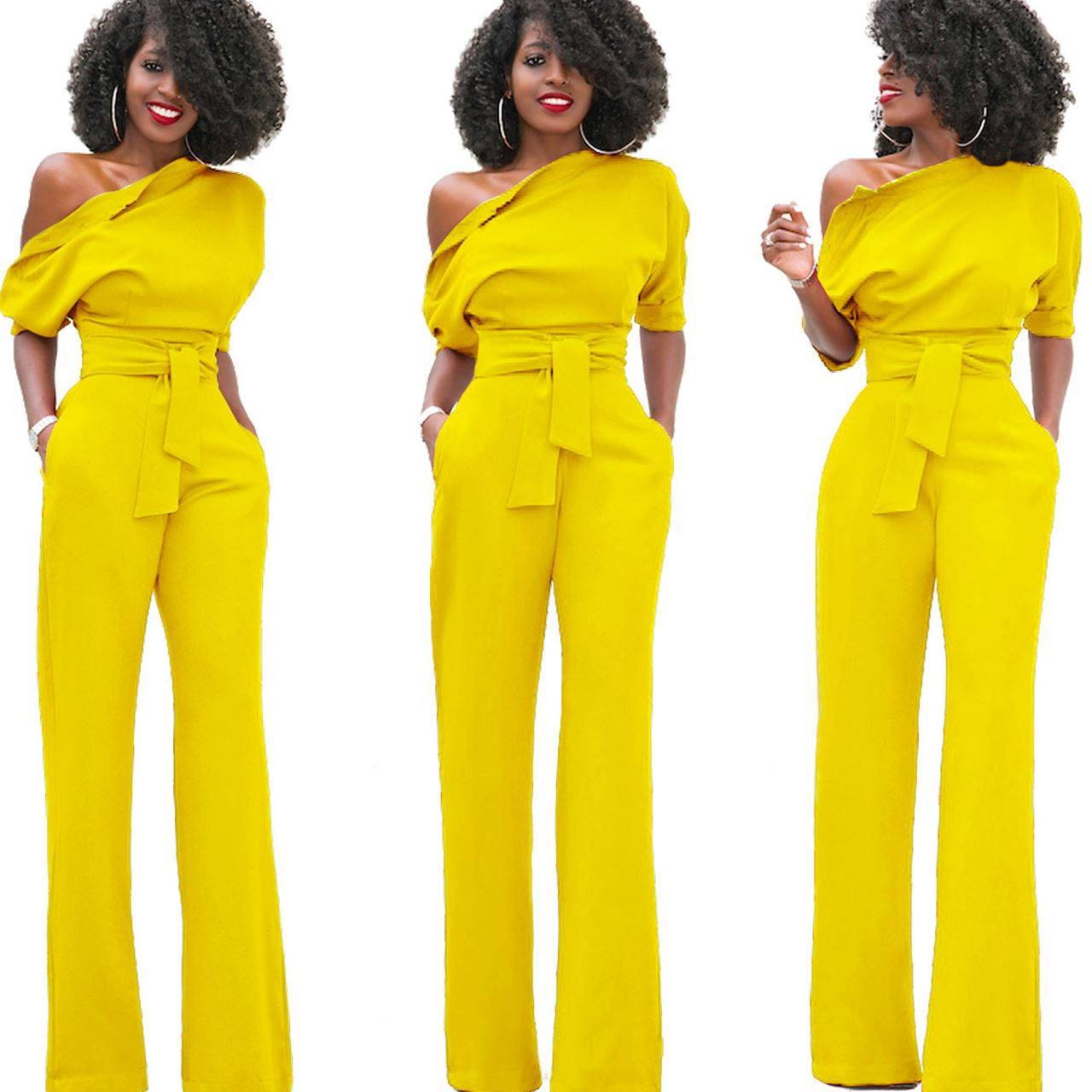 classic women jumpsuits african 经典纯色扣子连体裤阔腿裤5063