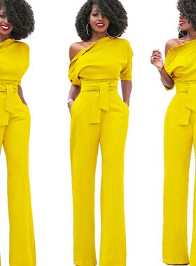 classic women jumpsuits african 经典纯色扣子连体裤阔腿裤5063