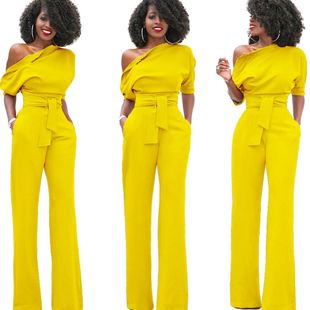 classic women jumpsuits african 经典纯色扣子连体裤阔腿裤5063