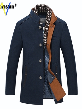 Men Woolen Coat Winter Fleece Warm Jacket Trench Outerwear