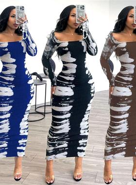K3136  欧美性感 弹力包臀后开叉印花紧身连衣裙