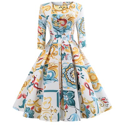 复古赫本风收腰显瘦 圆领七分袖印花 大摆花色连衣裙 Retro dress